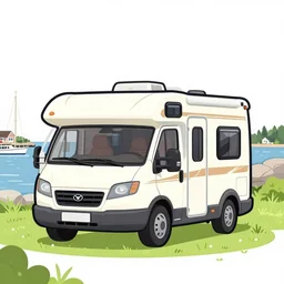 beautiful cute cozy very little class c motorhome on the grass by the harbor, in maine, white background, digital cartoon art, 4 colors!!!