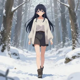 full - body anime girl by davinci walking through very scenic snowy forest, upper - body beautiful extremely detailed illustration, stunning face and eyes, pretty aesthetic, pixiv gelbooru danbooru