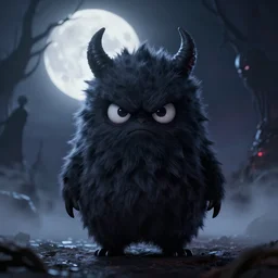 full shot portrait of angry cute and fluffy darkness creature at moonlight, inspired by Tim Burton, Norihiro Yagi, Marc Simonetti, Amano, Juri Misaki, Giger, darkness background, detailed, unreal engine 4k volumetric light, fog,