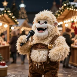 a very cute, cream colored and very furry yeti wearing lederhosen singing carols in a German Christmas market, very detailed