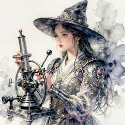 korean women's fashion machine witch, intricate watercolor cyberpunk vaporwave portrait by tim doyle
