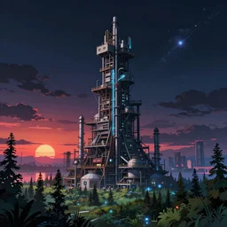 a beautiful ultradetailed rendering of industrial architecture tower city building urbex by shigeru ban, laser tokyo landscape anime forest dramatic lighting retrowave lake sunset at night nightsky bladerunner 2 0 4 9 synthwave vaporwave fantasy galactic azeroth meadow bioshock, archdaily, wallpaper, highly detailed, trending on artstation.