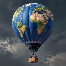 “a drawing of a hot air balloon with the globe as its balloon fabric, cyberpunk”