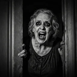 portrait of a creepy old lady screaming creeping out of a door obese, morbid, macabre, dark lighting, highly detailed, decay teeth, black and white gainy film, vignette, matte painting by maxim verehin