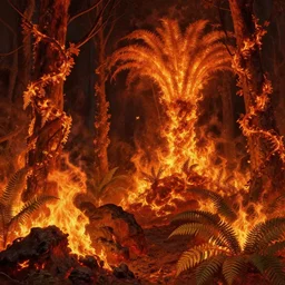 A flaming forest , flaming leaves,Magma,flame stones are scattered, flame ferns, flame shrubs, huge flame Fantasy plant,covered in flame porcelain vine,by Frederic Edwin  Church