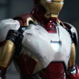 close - up ironman in a white and black armor, battle damage, shallow depth of field, moody lighting, 8 k,