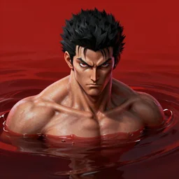 portrait of guts from berserk submerged in red water, extremely detailed, made by Justin Fields artstation, zbrush