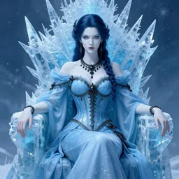 portrait of a steampunk ice lady, elegant corset, pale white skin, sky - blue dress, robes, black jewerly, dark blue hair, sitting on ice throne, beautiful fractal ice background, highly detailed, detailed face, smooth, sharp focus, digital painting, artgerm and greg rutkowski and alphonse mucha