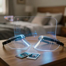 curved transparent huds, volumetric lighting, bedroom, visor, users, pair of keycards on table, bokeh, creterion collection, shot on 7 0 mm, instax