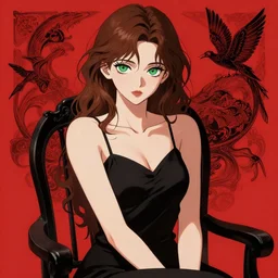 gorgeous woman with brown hair and green eyes, wearing a camisole, sitting on a chair, red and black color palette, in the style of and ilya kuvshinov and greg rutkowski, high quality anime artstyle, intricate