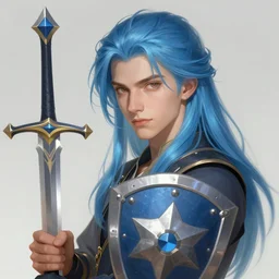 ilya kuvshinov with long hair, sky blue hair, hazel eyes, boyish face, wielding a sword and shield, professional digital painting, concept art, award - winning photography, cinematic, forest background, awe, regal, wlop, art by andy warhol, pixiv art, yoshitaka amano
