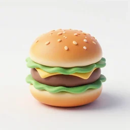 Hamburger, icon, 3D clay render, octane render, 4k UHD, white background, isometric top down left view, diffuse lighting