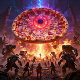pizza delivery during the battle in mordor, epic compisition, fumes, orcs, volumetric light, sauron eye pizza ppeperonni, massive pizza battle of orc against hobbits, one pizza to rule them all, night epic sky, glowing red, blue, purple, yellow, explosions, realistic 3 d scene, unreal engine, octane render