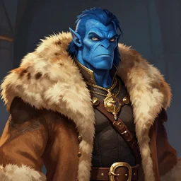 portrait of a blue-skinned man wearing a fur coat, illustration, fantasy, Dungeon and Dragon, trending on ArtStation