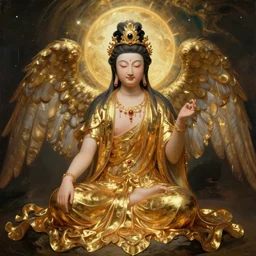 the goddess kuan yin wearing golden clothes, by anthony van dyck, by camille corot, by dorothea tanning, angelic, divine, feng shui, yin yang
