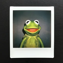 Kermit the frog wearing a mohawk, polaroid photo, instax, white frame, by Warhol,