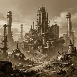 beautiful steampunk landscape, industrial city, matte painting, sepia colors