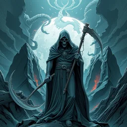 death in front of hell with a cloak and a sickle in his hand, ominous, realistic smooth detailed artwork, intricate lines, concept art, scene art, panorama, artstation, arsen asyrankulov, antonino truisi,