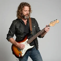 Barry Chuckle Shredding on an electric guitar in the style of Greg Hildebrant