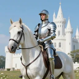 fantasy character portrait of a ( ( ( ( white knight ) ) ) ) on a white horse, white castle in the background on a bright sunny day with blue sky, trending on artstation, digital art ( by anna steinbauer ) ( by victor adame ) ( by jesper ejsing )