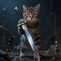 a humanoid cat with a sword, Atmospheric beautiful by Eddie mendoza and Craig Mullins. volumetric lights volumetric lights, 8k, hd