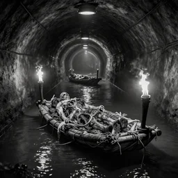 b & w inks sewage tunnels backdrop, with primitive floating raft, of rotten flesh, syd mead, enric torres, hyper realism, narrative light, muted colors, epic, hyper detailed, awe inspiring, award winning horror, torch lighting, hyper realism, cinematical