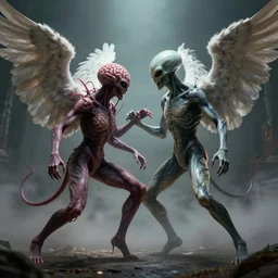 alien brainsucker fight with angels, surreal photography, dramatic light, by james jean,