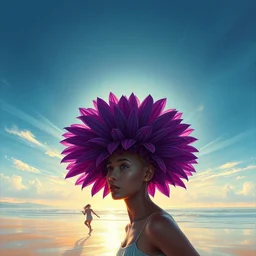 portrait, giant purple dahlia flower head, woman running at the beach, surreal photography, sunrise, blue sky, dramatic light, impressionist painting, digital painting, artstation, simon stalenhag