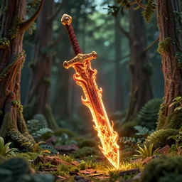 “highly detailed 3D model of a flaming sword floating in the air in the middle of the forest.”