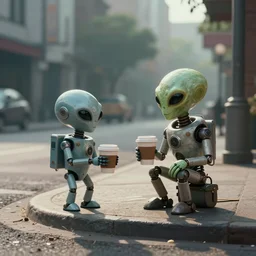 two alien robots sharing a coffee on an empty street corner, early morning, dramatic lighting, 4k, trending on artstation, by Syd Mead