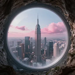 a futuristic city inside of a glass sphere, distant pink clouds, a cave in the style of sahm