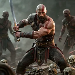 film still from god of war, a highly detailed beautiful closeup photo of dwayne johnson kratos holding a sword and fighting zombies on a pile of human skulls, spartan warrior, olympian god, muscular!,, action pose, ambient lighting, volumetric lighting, octane, fantasy