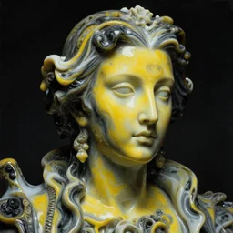 a dark baroque close - up portrait of a yellow and black porcelain being made out of white liquid sci - fi vitrified translucent ceramic marble ; china. reflective detailed textures. gloomy black background. highly detailed fantasy science fiction painting by moebius, norman rockwell, frank frazetta, and syd mead. rich colors, high contrast. artstation