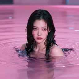 lee jin - eun emerging from pink water in cyberpunk theme by alphone muchs and conrad roset, rule of thirds, seductive look, beautiful
