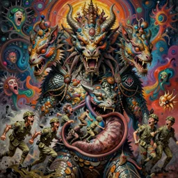 a very crazy and high hyper detailed painting with many complex textures and sacred animal skin, of a monster with three heads and a scaly body, and a head inside the stomach from which several deformed soldiers come out running and screaming, crazy faces of free spirts, psychedelic surreal cosmic magic realism chaotic weird bizarre art and spitual psychotic