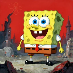 zdzisław beksinski, horrific spongebob squarepants massacre, red sky