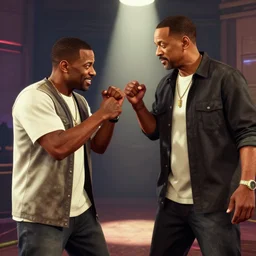 in the style of gta v, chris rock is fighting with will smith, shadow harsh lights, dramatic scene, hyper detailed, digital art, trending in artstation, cinematic lighting, studio quality, smooth render, unreal engine 5 rendered, octane rendered, volumetric lightening