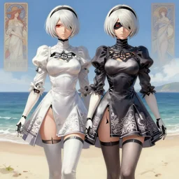 full body portrait of 2 b nier automata wearing a skintight dress in a beach, large thighs, perfect face, intricate, elegant, highly detailed, digital painting, artstation, smooth, sharp focus, illustration, art by artgerm and greg rutkowski and alphonse mucha, 8 k