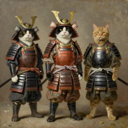 Three cat-samurais with different colors of fur wearing different styles of Japanese armor, oil on canvas, by Rembrandt