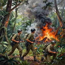 ismail inceoglu epic painting of vietnam war, year 1 9 7 0, jungle, fire smoke and explosions, line art, ink, art concept for a book cover, red dead redemption, warm colours. oil painting, highly detailed, centered, hyperrealism, romantic, concept art, smooth, sharp focus trending on artstation, by greg manchess and by craig mullins and by kilian eng and by jake parker