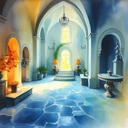 abstract watercolor painting of mediterranean lord house interior, in stone, magical and traditional, cinematic light, national romanticism by anders zorn, by greg rutkowski, by greg manchess