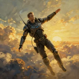 cyberpunk, man levitating at zero gravity, floating, epic pose, atmospheric lighting, painted, intricate, golden hour, ultra detailed by peter gric, giger, enki bilal