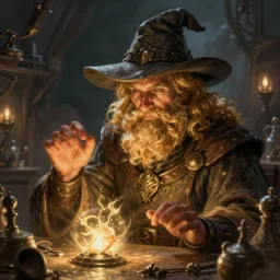 🧙‍♂️ A D&D wizard doing magic in his laboratory, with a blond beard and curly hair and a wide-brimmed hat, concept art, digital art, Pathfinder D&D character portrait