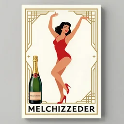 art deco poster, dancer, cher, melchizedek champagne bottle. cheerful, bright