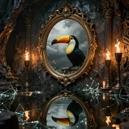 shattered glass texture, dark lake and massive oval mirror and toucan, cinematic, filmic, ray tracing reflections, insanely detailed and intricate, hypermaximalist, elegant, ornate, hyper realistic, super detailed, golden hour, stormy weather, ominous, dark wet walls of a dungeon, fire torches, candles, reflections, cave,