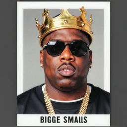 trading card featuring portrait of notorious big, wearing crown and sunglasses, biggie smalls rap music trading card