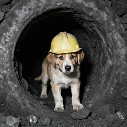 puppy working in a coal mine, wearing hard hat, photo from 1 9 8 3,
