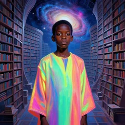 a breathtaking 8 k resolution matte painting of a black boy wearing neon robes inside a vast and endless four dimensional solarpunk library a the end of the galaxy, detailed face, timbuktu, in a symbolic and meaningful style, by m. c. escher and greg rutkowski and evgeni gordiets, radiant lighting, concept art, retrowave
