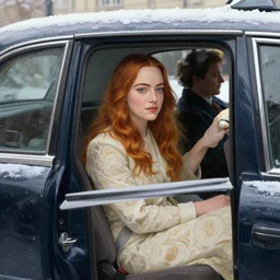 ultra realistic illustration, emma stone getting out of a taxi in winter, intricate, elegant, highly detailed, digital painting, artstation, concept art, smooth, sharp focus, illustration, art by artgerm and greg rutkowski and alphonse mucha