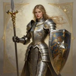 elegant female knight in ornate armor carrying massive shield and lance, magic the gathering, intricate, highly detailed, tragic, serene, digital painting, artstation, concept art, smooth, sharp focus, illustration, Unreal Engine 5, 8K, art by artgerm and greg rutkowski and alphonse mucha
